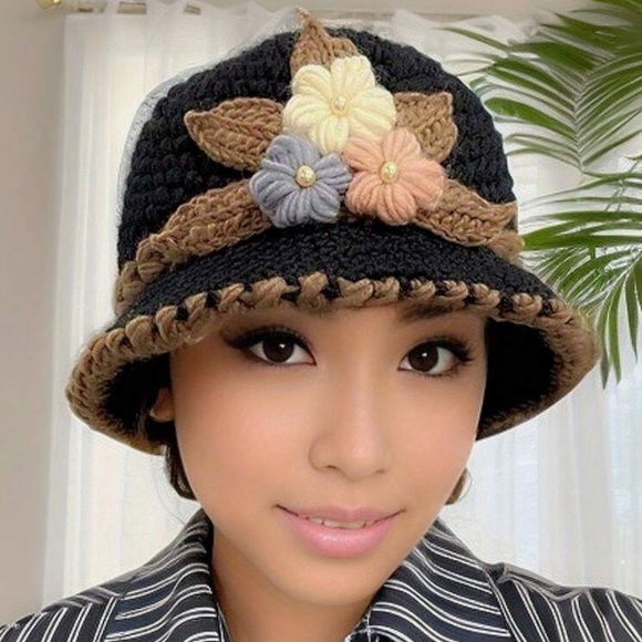Handmade Floral Crochet Knit Beanie Hat - Picture 3 of 8